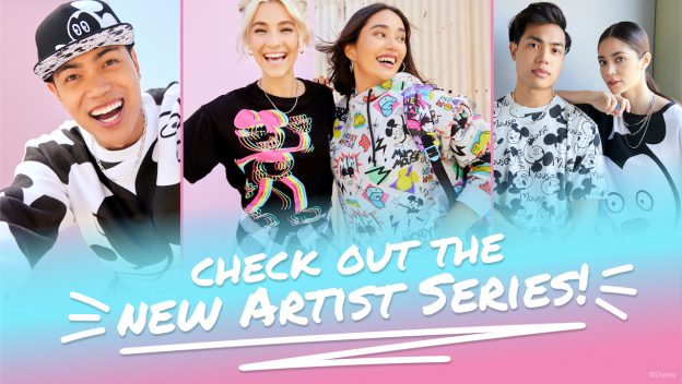 Four guests at the park show off vibrant, cartoon-inspired outfits from the New Artist Series Merchandise collection. A banner displays the message: "Check out the NEW ARTIST SERIES!.