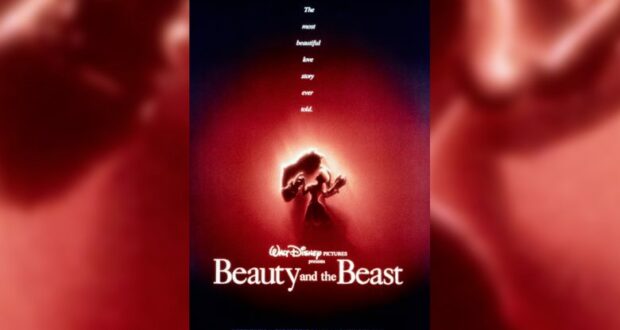 Silhouettes of Beauty and the Beast dancing beneath the iconic "Beauty and the Beast" logo, accompanied by the phrase "The most beautiful love story ever told," evoking the enchanting atmosphere of a Disney Parks stage show or parade.