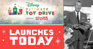 The Disney Ultimate Toy Drive kicks off today at Disney Parks, spreading holiday magic for Toys for Tots; a dapper Cast Member in a classic suit carries beautifully wrapped gifts, capturing the joyful giving spirit of this beloved Disney tradition.