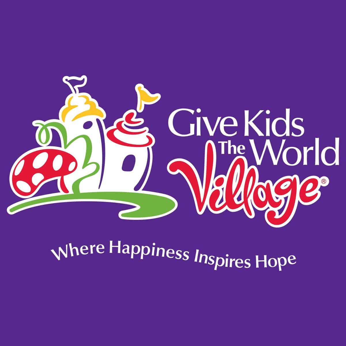 Vibrant Give Kids The World Village logo featuring playful, fairy-tale buildings bursting with color, alongside the slogan "Where Happiness Inspires Hope." Announces that donation matching unlocks an even bigger impact for children and families visiting this magical nonprofit resort.
