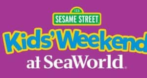 Sesame Street Kids' Weekend at SeaWorld logo set against a vibrant purple backdrop, capturing the excitement of this special event that unites Sesame Street characters and SeaWorld attractions for an unforgettable kids’ celebration.