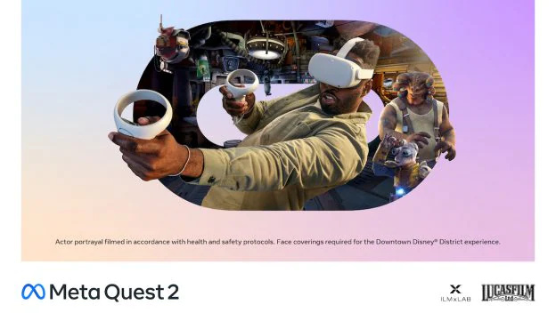 An excited guest explores a Star Wars-inspired virtual world with a VR headset, reaching out with a mug as if immersed in an interactive attraction that captures the energy of Disneyland’s sci-fi adventures.