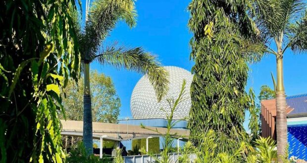 Spaceship Earth, EPCOT’s iconic geodesic sphere, rises behind lush palm trees and vibrant greenery beneath a bright blue sky, capturing the excitement of Planting Day at Walt Disney World.