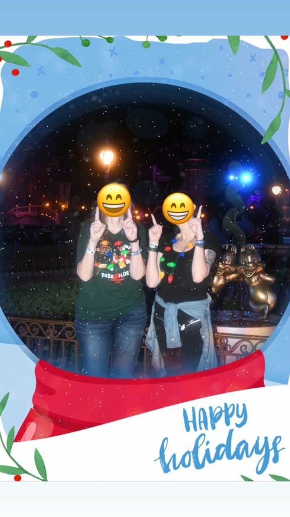 Guests decked out in festive holiday outfits strike a pose at Walt Disney World’s After Hours event, their faces hidden by smiley face emojis. The “Happy holidays” banner below sets the scene as they celebrate the exclusive nighttime magic and special seasonal entertainment—making every Disney fan wonder: is the after-hours enchantment worth experiencing?.