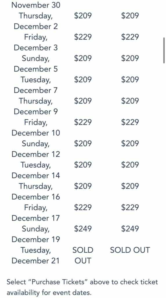 December Holiday ticket prices for Disney World are shown by date, with rates from $209 to $249. Tickets for December 21 are already SOLD OUT.