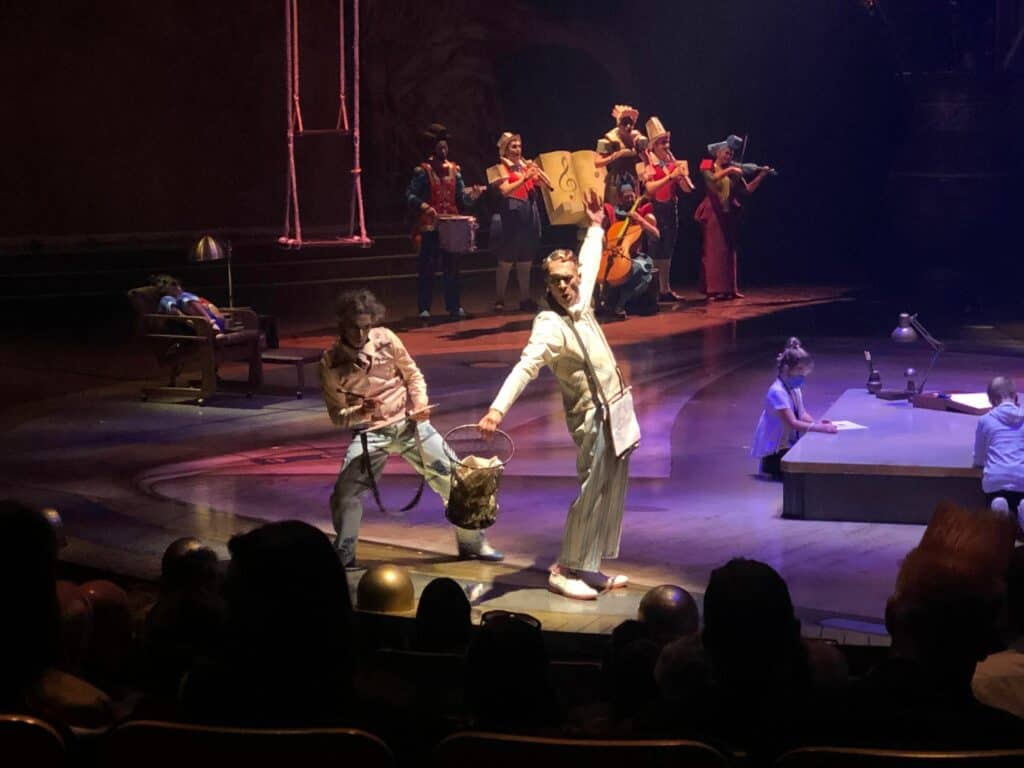 At Cirque du Soleil’s Drawn to Life at Disney Springs, two acrobats take center stage on Opening Night while the live band and fellow performers bring the Disney-inspired circus spectacle to life in the background.