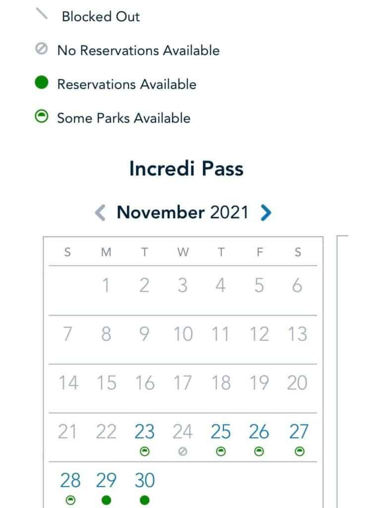 November 2021 Walt Disney World calendar highlights park reservation availability for Incredi Passholders with vibrant color-coded dots, making it easy for fans to plan their magical Thanksgiving week or lock in passes ahead of time.