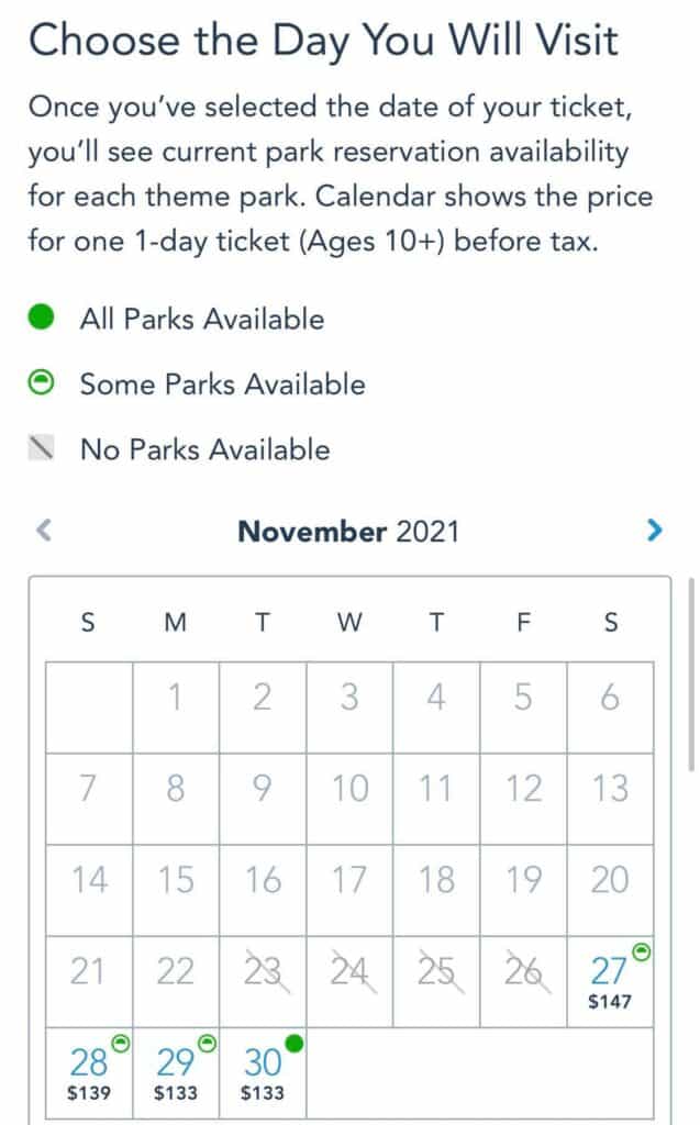A November 2021 Walt Disney World calendar highlights park reservation availability, with all four Disney parks open only on the last four days of the month—so fans planning to visit during popular Thanksgiving Week should book their tickets as early as possible.