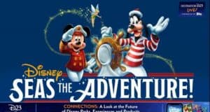 Mickey and Goofy, dressed in sailor outfits, steer a ship’s wheel surrounded by stars under the bold phrase "Seas the Adventure!"—a lively scene celebrating the latest Disney Cruise Line announcements revealed at Destination D23.
