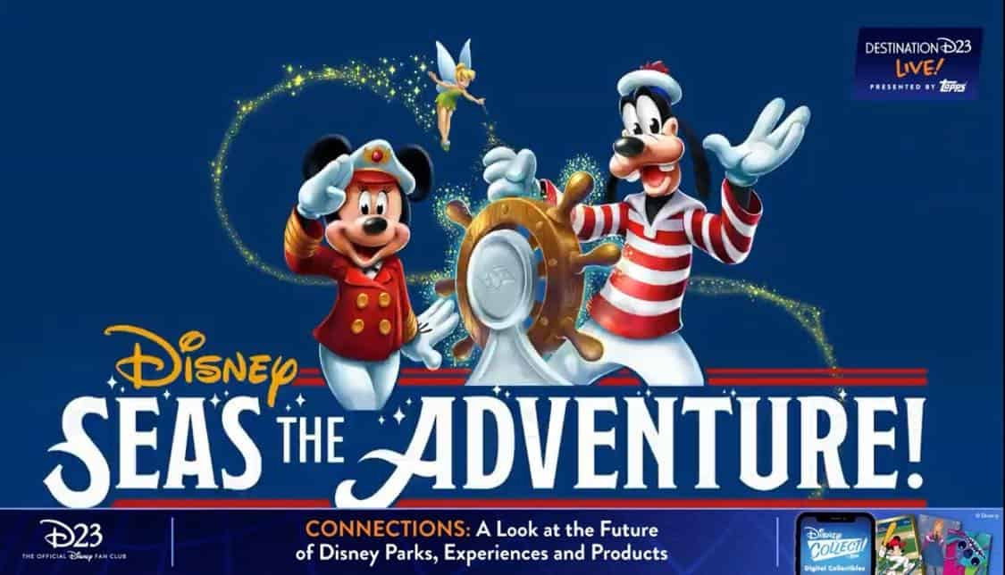 Mickey and Goofy, dressed in sailor outfits, steer a ship’s wheel surrounded by stars under the bold phrase "Seas the Adventure!"—a lively scene celebrating the latest Disney Cruise Line announcements revealed at Destination D23.
