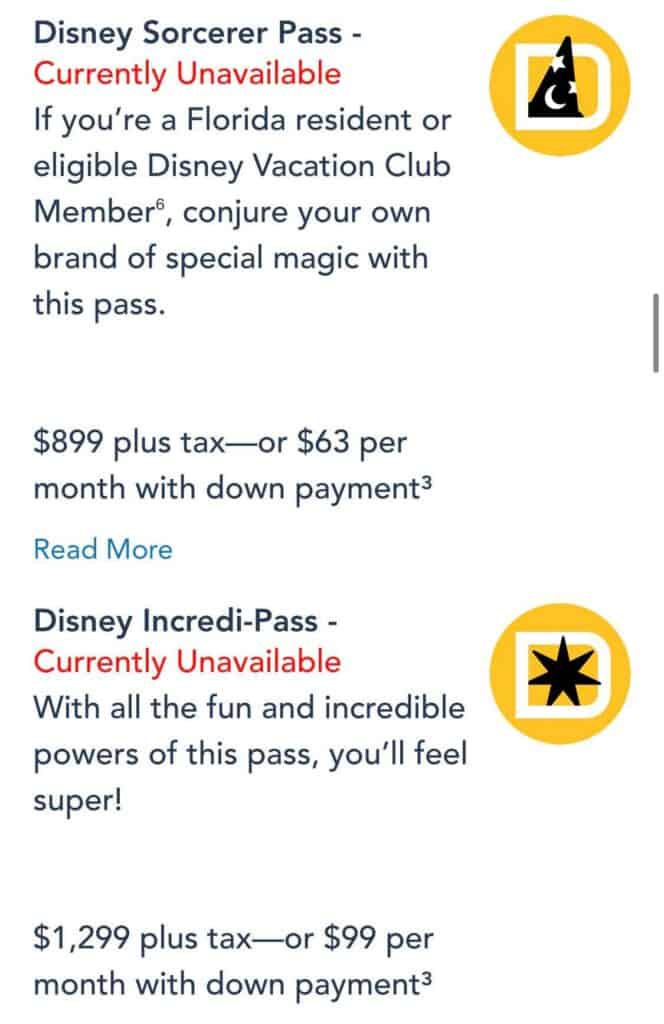 Walt Disney World Sorcerer and Incredi-Pass pricing details shown, with both annual passes listed as currently unavailable. Guests planning their next Thanksgiving adventure at the parks are encouraged to check back soon for the latest ticket availability updates.