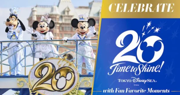 Mickey, Minnie, and Goofy join the festivities at Tokyo DisneySea’s 20th Anniversary, gathered in front of a dazzling “Time to Shine!” sign sparkling with celebratory energy.