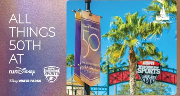 Disney World’s 50th Anniversary celebration banner displayed among swaying palm trees, with the iconic ESPN Wide World of Sports sign creating a festive backdrop.
