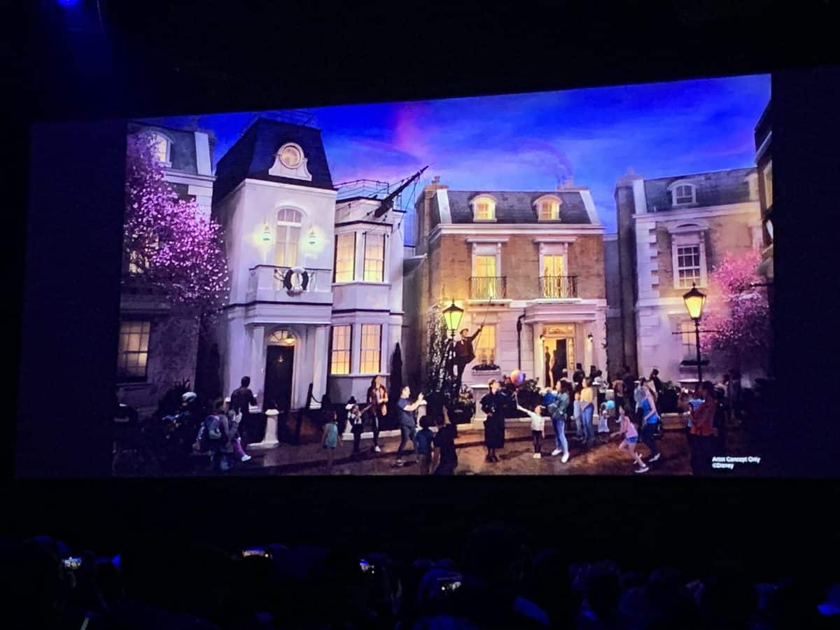 Guests gather before a row of brightly lit houses on stage at night, reminiscent of Main Street, U.S.A. at a Disney park, with the audience silhouetted below and the scene capturing the enchanting, storybook atmosphere found in classic Disney nighttime spectaculars or EPCOT’s illuminated displays.