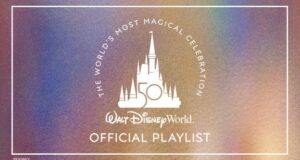 Cinderella Castle logo featuring a shimmering "50" set against a vibrant rainbow background, accompanied by the text "Walt Disney World Official Playlist," highlighting The World’s Most Magical Celebration with a playlist of beloved Disney park music.