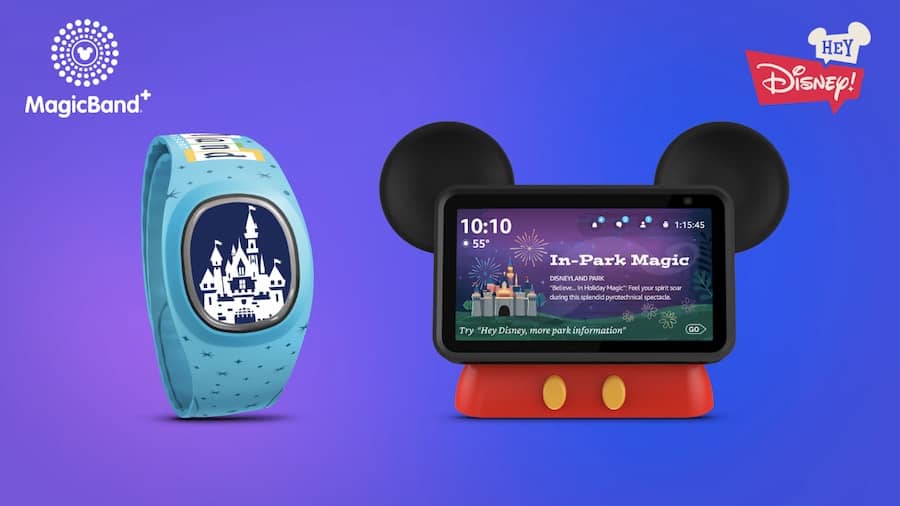 A vibrant blue Disney MagicBand and a Mickey Mouse-themed smart display rest on a purple background, evoking the buzzing anticipation among fans for the latest Destination D23 reveals at Disneyland.