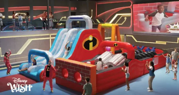 Kids race down the Incredibles-themed inflatable slide and tackle a Wish-inspired obstacle course, turning this dynamic indoor zone into the ultimate Disney Wish family showdown.