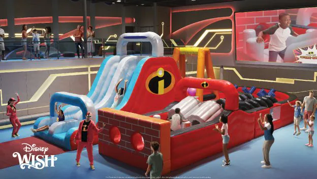 Kids race down the Incredibles-themed inflatable slide and tackle a Wish-inspired obstacle course, turning this dynamic indoor zone into the ultimate Disney Wish family showdown.