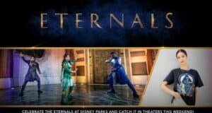 Eternals characters pose in costume beneath the Eternals logo, joined by a fan sporting an Eternals shirt on the right. Below, a dynamic promo banner captures the excitement of experiencing Eternals both in theaters and during special celebrations at Disney Parks.