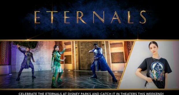 Eternals characters pose in costume beneath the Eternals logo, joined by a fan sporting an Eternals shirt on the right. Below, a dynamic promo banner captures the excitement of experiencing Eternals both in theaters and during special celebrations at Disney Parks.