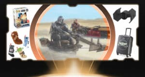 Step into the galaxy at Star Wars: Galaxy’s Edge, where you’ll discover themed toys, collectible suitcases, and breathtaking Mandalorian artwork showcased against a dramatic black backdrop with a sci-fi border.