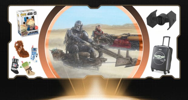 Step into the galaxy at Star Wars: Galaxy’s Edge, where you’ll discover themed toys, collectible suitcases, and breathtaking Mandalorian artwork showcased against a dramatic black backdrop with a sci-fi border.