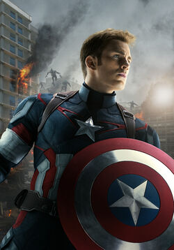 Captain America, clad in his iconic star-spangled suit, stands ready with his shield as dramatic scenes of burning buildings and menacing robots create an action-packed Marvel adventure backdrop.
