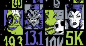 Maleficent, Ursula, the Evil Queen, and Hades each appear in dynamic boxes featuring race distances—19.3 miles, 13.1 miles, 10K, and 5K—set against a striking black background that channels Disney Wine & Dine Half Marathon weekend vibes. A bold nod to Disney’s iconic villains for runDisney fans and park-goers excited for race weekend magic.