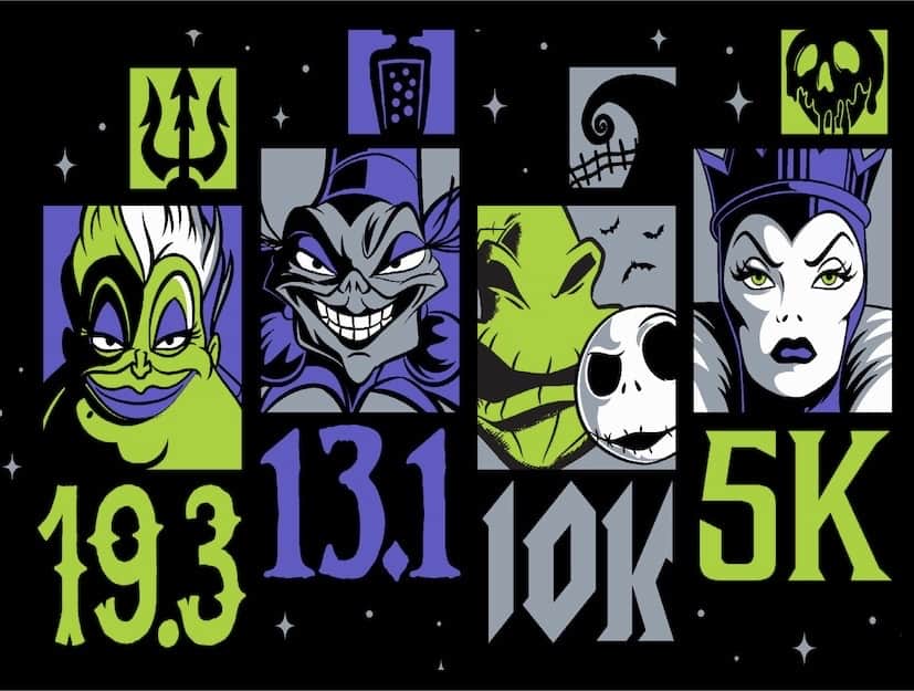 Maleficent, Ursula, the Evil Queen, and Hades each appear in dynamic boxes featuring race distances—19.3 miles, 13.1 miles, 10K, and 5K—set against a striking black background that channels Disney Wine & Dine Half Marathon weekend vibes. A bold nod to Disney’s iconic villains for runDisney fans and park-goers excited for race weekend magic.