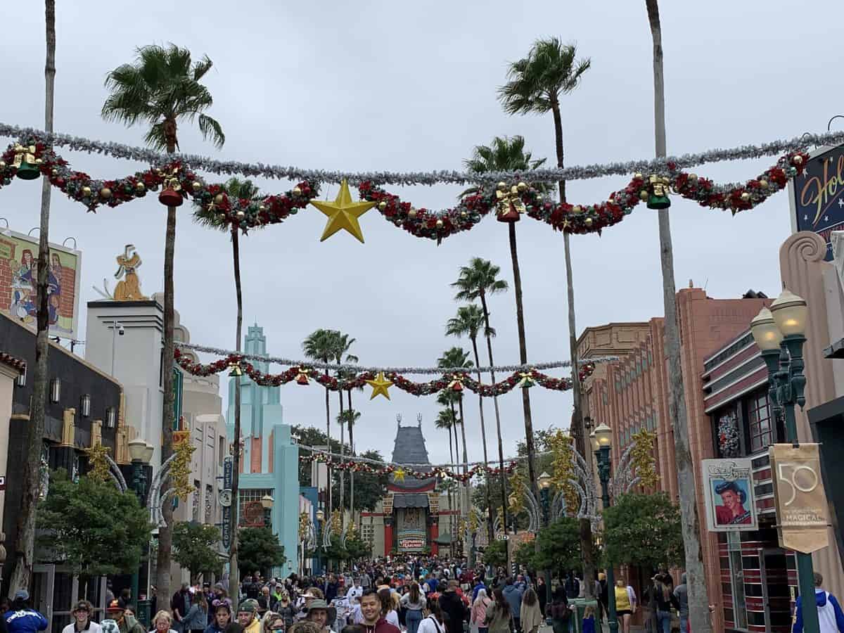Guests stroll beneath sparkling garlands and shining stars along a palm-lined avenue at Disney’s Hollywood Studios, soaking in the dazzling holiday atmosphere and festive décor.
