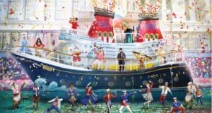Beloved Disney characters and energetic performers delight guests as they celebrate atop a grand blue parade float designed like a whimsical Disney cruise ship, sailing through the heart of the park.