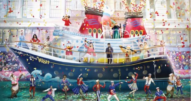 Beloved Disney characters and energetic performers delight guests as they celebrate atop a grand blue parade float designed like a whimsical Disney cruise ship, sailing through the heart of the park.