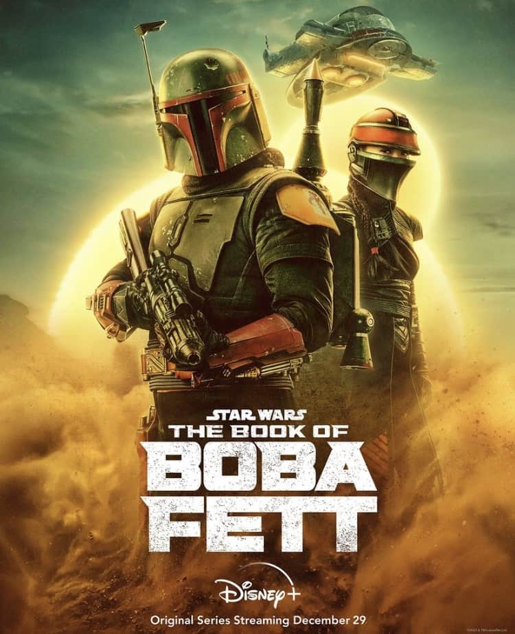 Boba Fett and a fellow Mandalorian pose back to back as a spaceship soars above them, with "The Book of Boba Fett" logo featured—capturing the excitement of this epic Star Wars adventure as seen at Galaxy’s Edge.