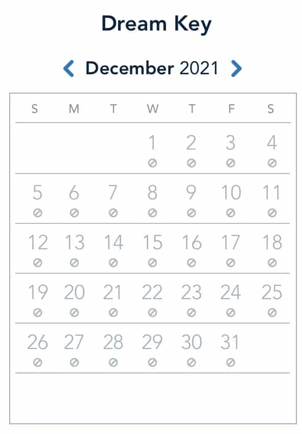 A December 2021 calendar showing every date crossed out, signaling that all Disneyland Magic Key reservations for the month are fully booked with no openings available.