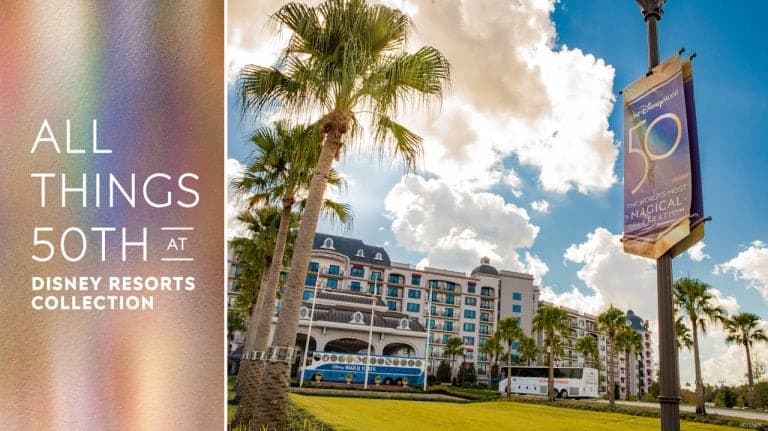 Under a bright blue sky, palm trees frame a Disney resort building adorned with a "50th" anniversary banner on the streetlamp—inviting Disney fans to unlock even more magic at Walt Disney World Resort using the Disney app and MagicMobile Service.
