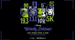 Disney villains each represent a race distance—19.3 miles, 13.1 miles, 10K, and 5K—set against the backdrop of the "Wickedly Delicious! 2021 Disney Wine & Dine" event, blending RunDisney excitement with iconic character flair.