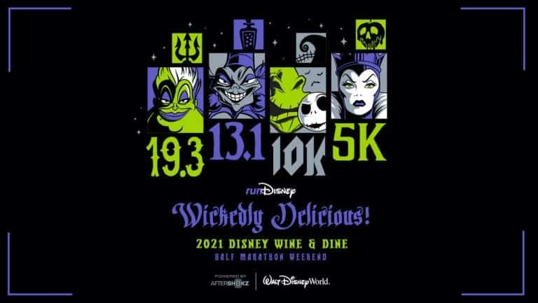 Disney villains each represent a race distance—19.3 miles, 13.1 miles, 10K, and 5K—set against the backdrop of the "Wickedly Delicious! 2021 Disney Wine & Dine" event, blending RunDisney excitement with iconic character flair.