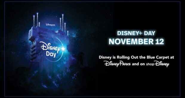 Disney+ Day on November 12 features the iconic Disney+ logo glowing above a tower illuminated in blue, with event highlights for Disney Parks and shopDisney fans—join the celebration as The Walt Disney Company announces exciting news during its Fourth Quarter Report.