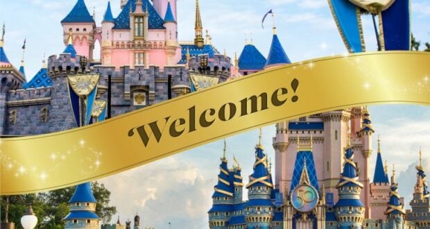 A festive "Welcome!" banner hangs above two enchanting castle icons in blue and pink, adorned with golden accents and set against a clear, vibrant sky—evoking the magical atmosphere of a classic theme park entrance.