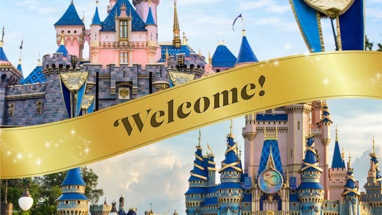 A festive "Welcome!" banner hangs above two enchanting castle icons in blue and pink, adorned with golden accents and set against a clear, vibrant sky—evoking the magical atmosphere of a classic theme park entrance.
