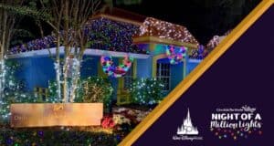 A dazzlingly decorated house covered in vibrant holiday lights shines beside the “Night of a Million Lights” event banner, capturing the festive energy of Kissimmee Charities in true Orlando attraction style.