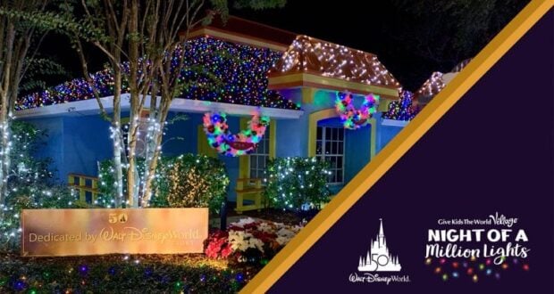 A dazzlingly decorated house covered in vibrant holiday lights shines beside the “Night of a Million Lights” event banner, capturing the festive energy of Kissimmee Charities in true Orlando attraction style.