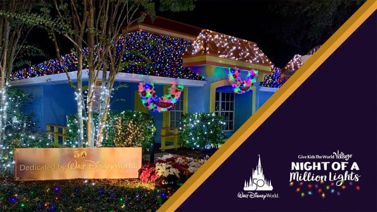 A dazzlingly decorated house covered in vibrant holiday lights shines beside the “Night of a Million Lights” event banner, capturing the festive energy of Kissimmee Charities in true Orlando attraction style.