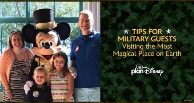 A cheerful family beams beside Mickey Mouse at Disney World, with a banner that reads, "Tips for Military Guests Visiting the Most Magical Place on Earth.