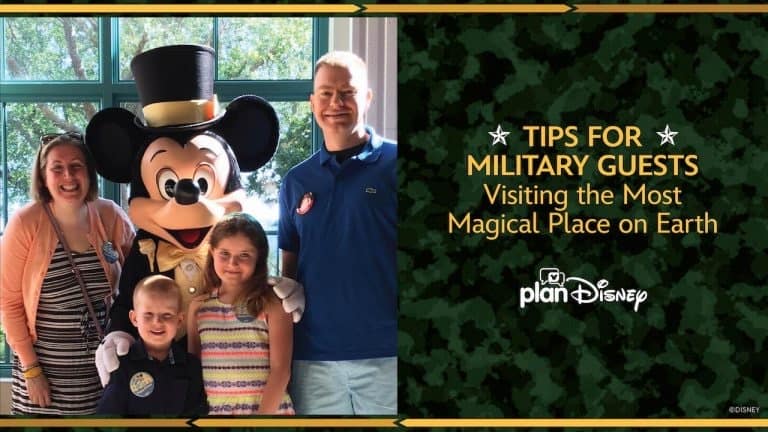 A cheerful family beams beside Mickey Mouse at Disney World, with a banner that reads, "Tips for Military Guests Visiting the Most Magical Place on Earth.