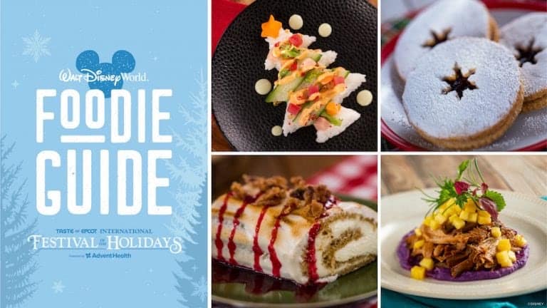 Foodie Guide cover alongside enticing images of holiday-themed desserts and savory dishes on vibrant plates, showcasing festive treats available throughout Walt Disney World Resort for the ultimate fan celebration.