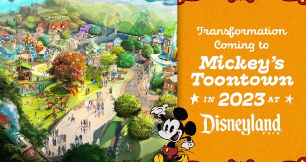 Vibrant illustration of Mickey’s Toontown at Disneyland Park, highlighting this beloved themed land as it prepares for an exciting 2023 transformation, with bold text announcing the upcoming reimagining for theme park fans.