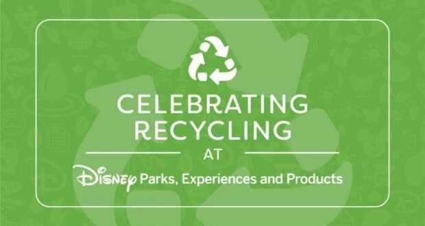 Green banner with the message "Celebrating Recycling at Disney Parks, Experiences and Products" and a prominent recycle symbol, showcasing how Disney Cast Members are making a positive impact on sustainability throughout the parks every day.