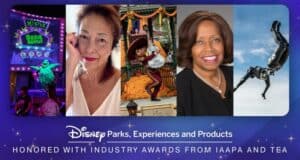 A vibrant collage showcasing iconic Disney Parks attractions, two female Cast Members, and a live performer, accompanied by highlights of recent industry awards earned by Disney Parks.