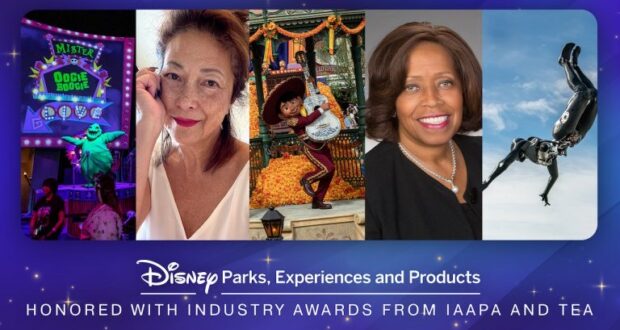 A vibrant collage showcasing iconic Disney Parks attractions, two female Cast Members, and a live performer, accompanied by highlights of recent industry awards earned by Disney Parks.
